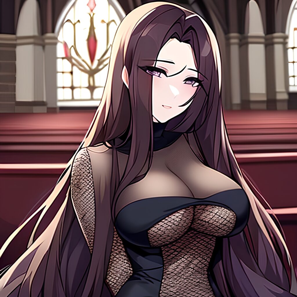 messy hair church brunette fishnet woman long hair