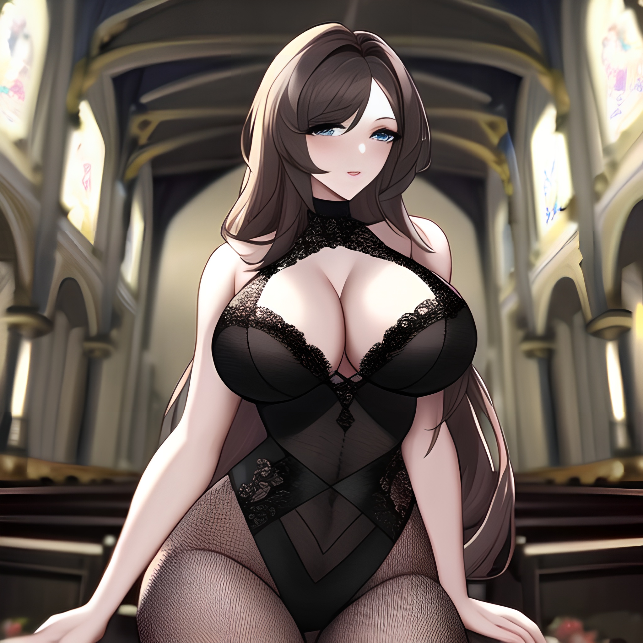 messy hair church brunette fishnet woman long hair