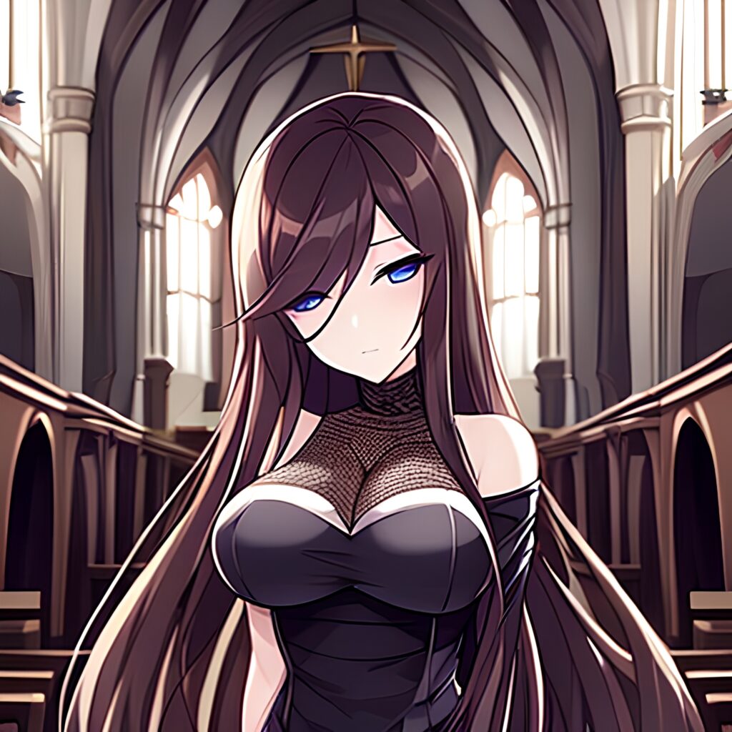 messy hair church brunette fishnet woman long hair 
