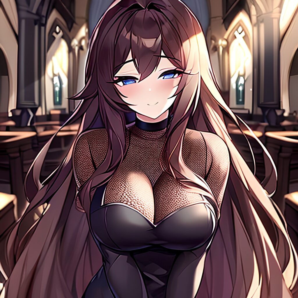 messy hair church brunette long hair fishnet woman 
