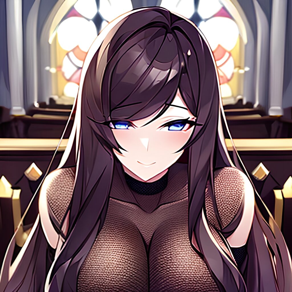 messy hair church brunette long hair fishnet woman