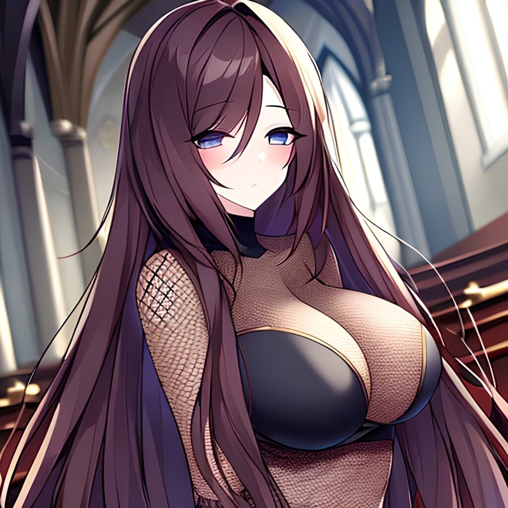 messy hair church brunette long hair fishnet woman