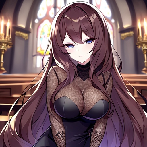 messy hair church brunette long hair fishnet woman