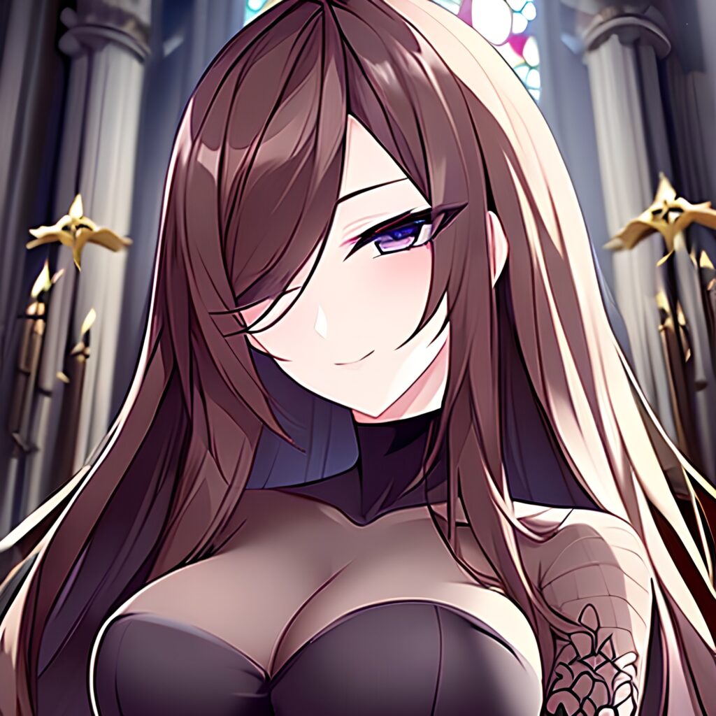 messy hair church brunette long hair woman fishnet 