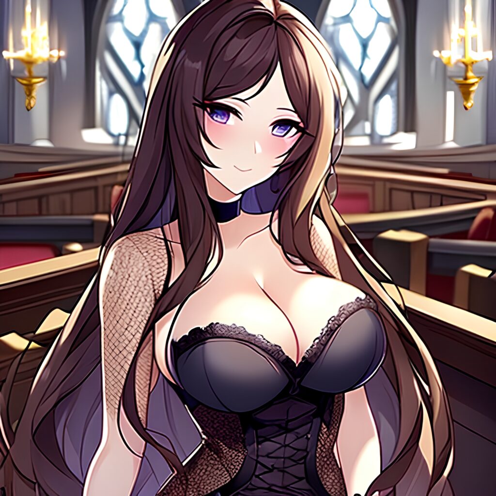messy hair church brunette long hair woman fishnet