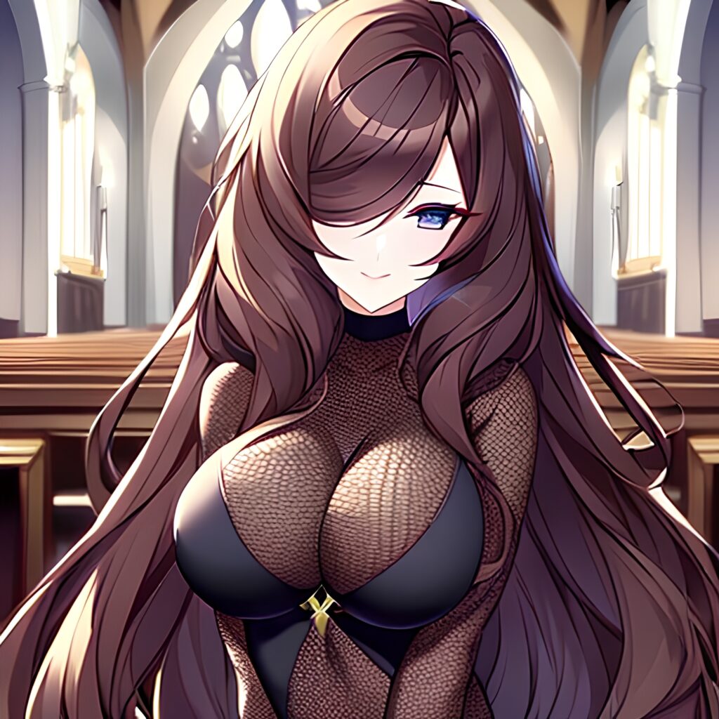 messy hair church brunette long hair woman fishnet 