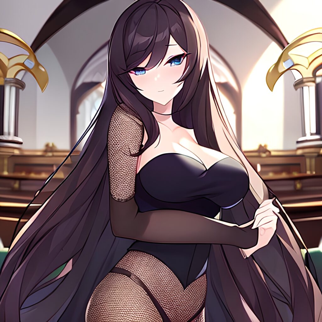 messy hair church brunette woman fishnet long hair