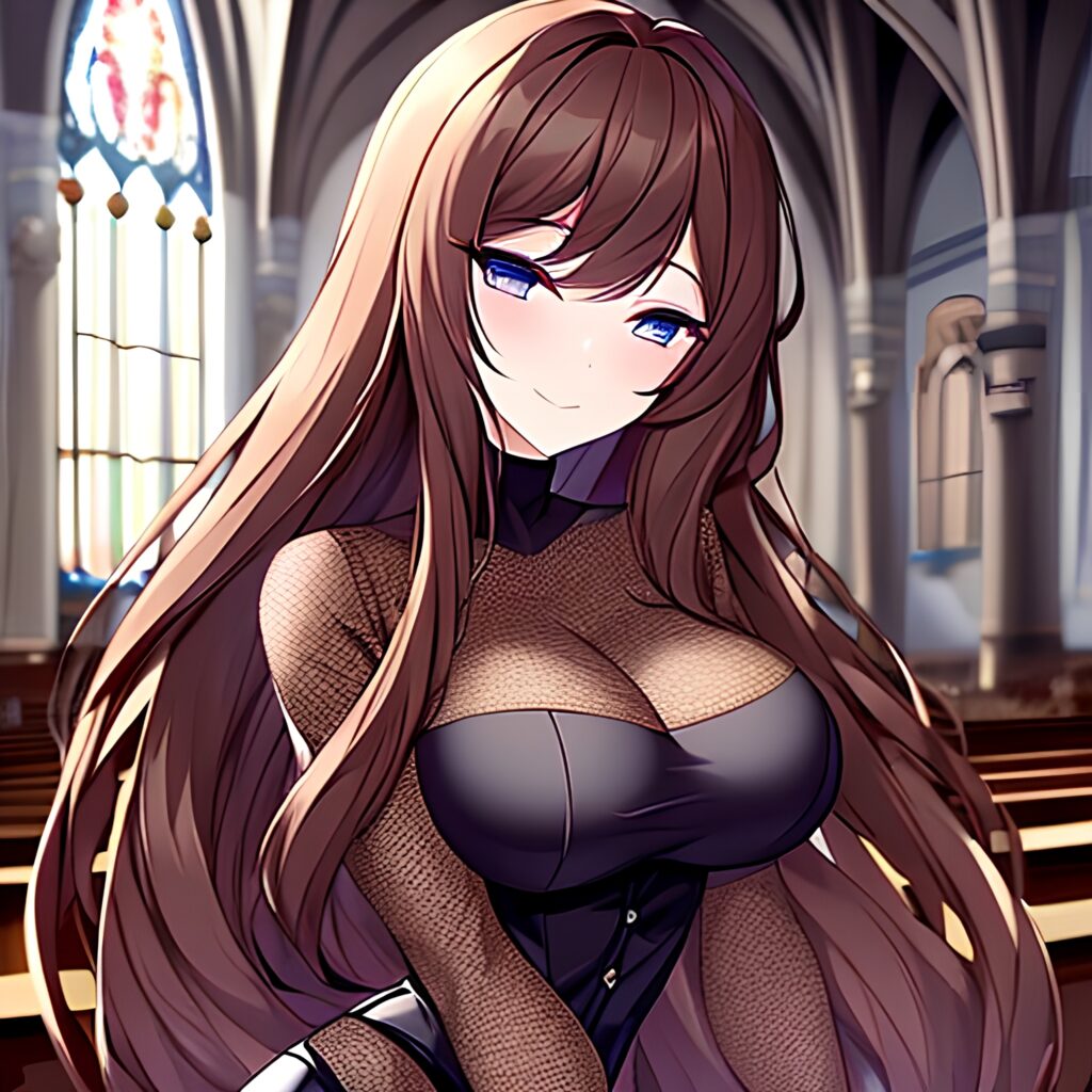 messy hair church brunette woman fishnet long hair