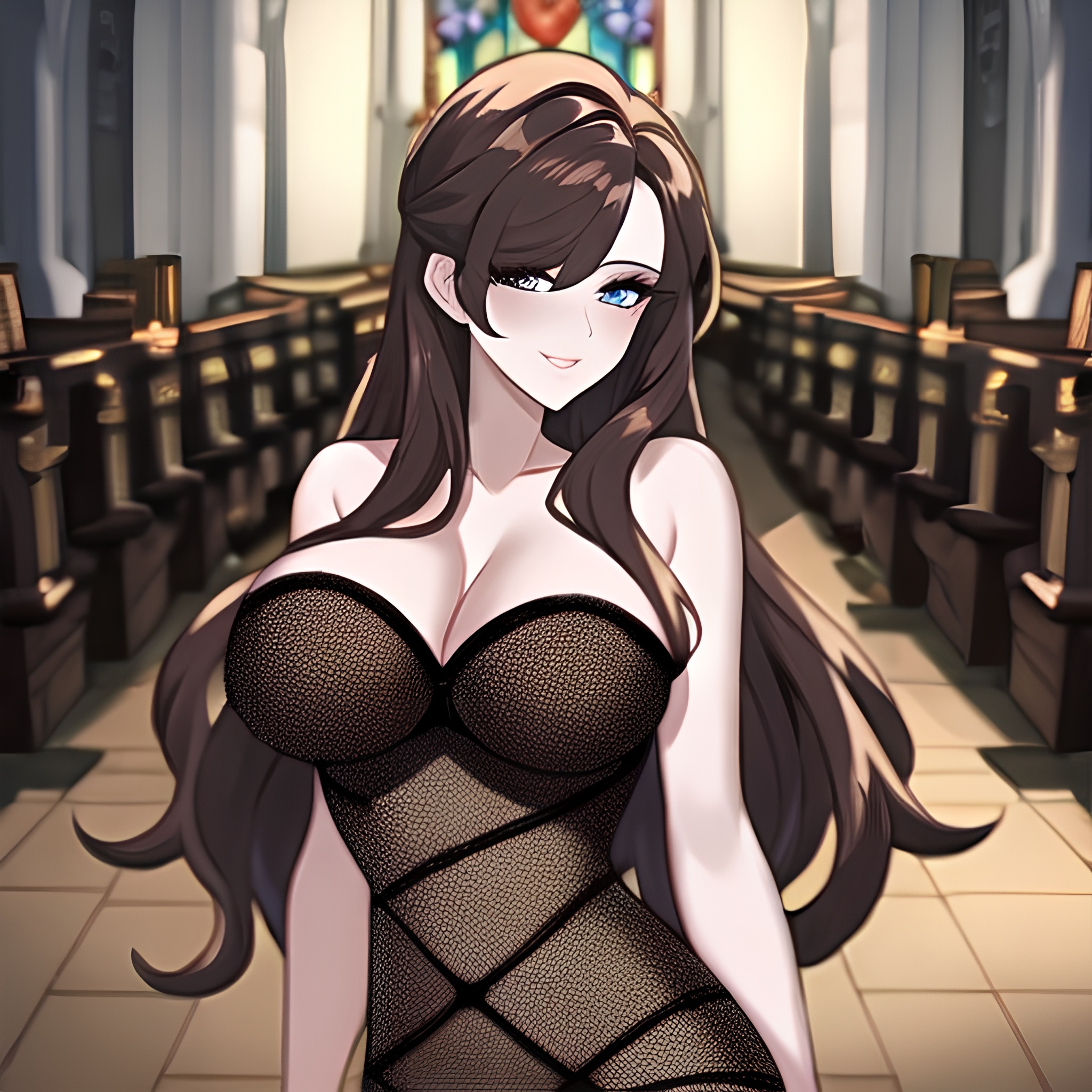 messy hair church fishnet brunette long hair woman