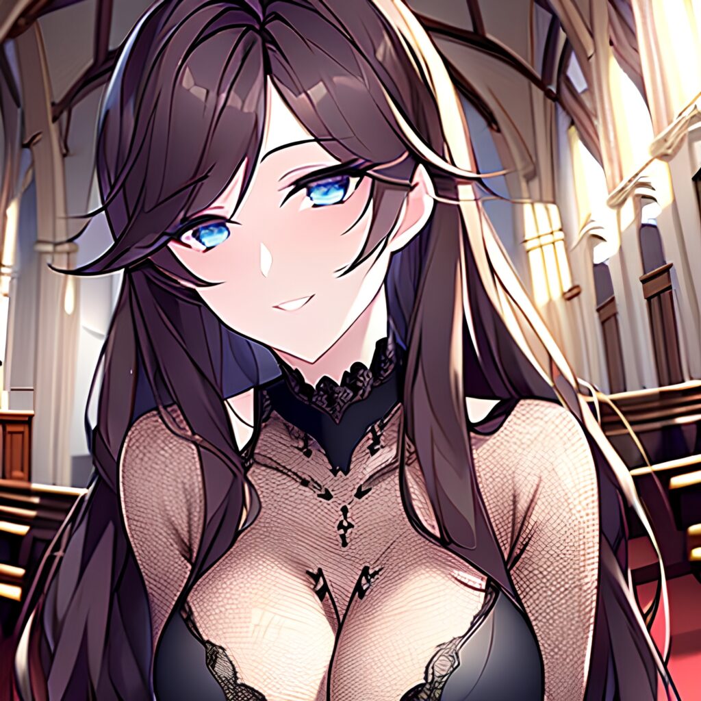 messy hair church fishnet brunette long hair woman 
