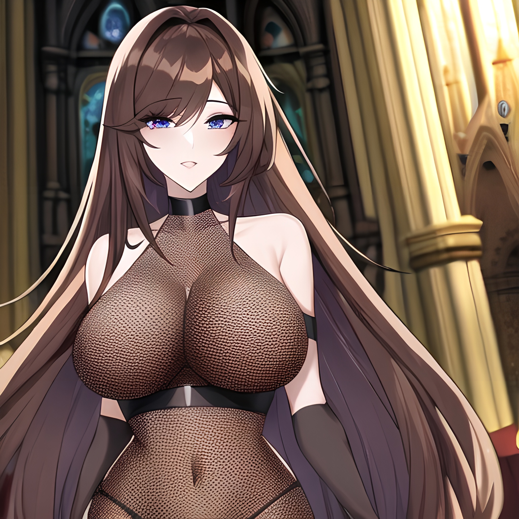 messy hair church fishnet brunette long hair woman 