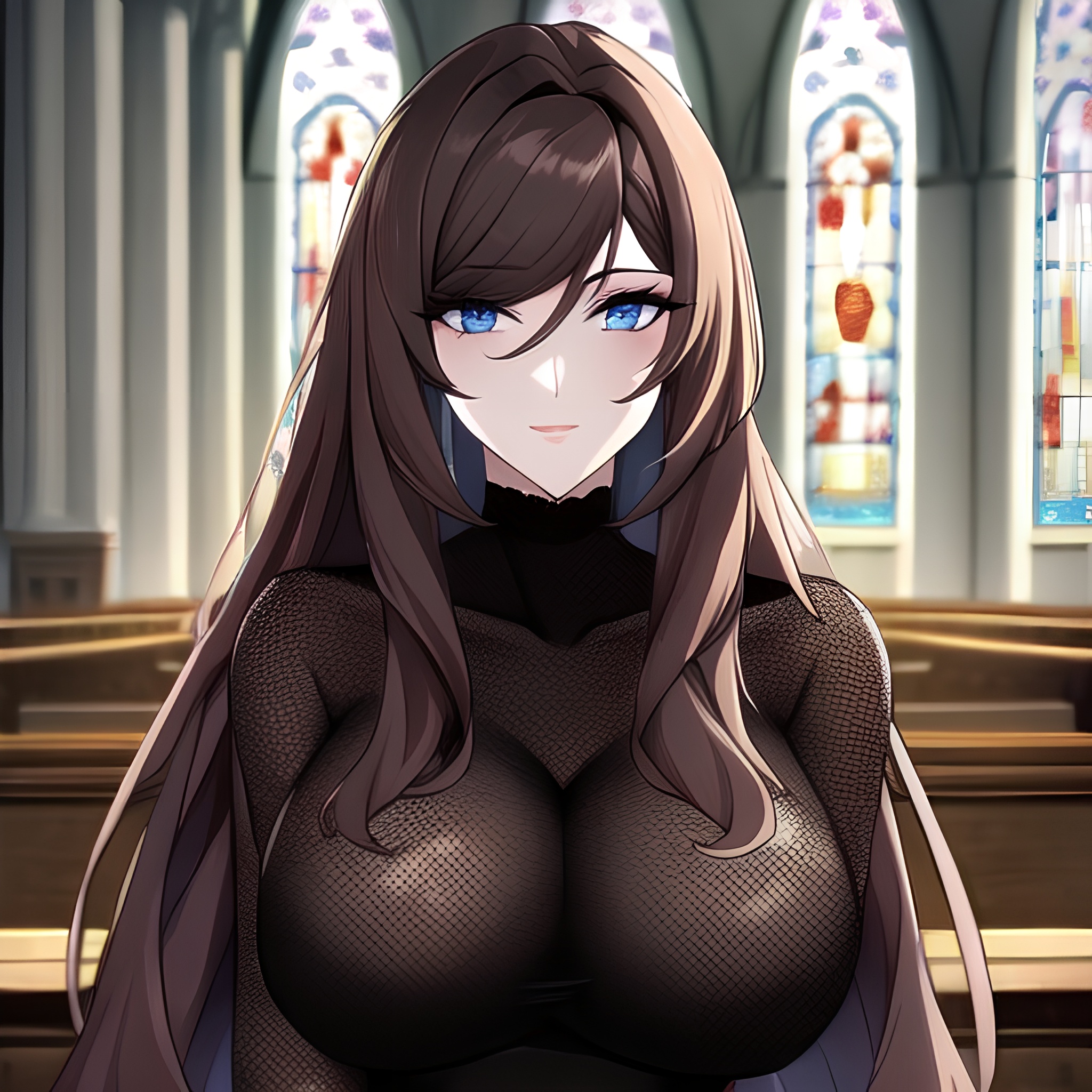 messy hair church fishnet brunette woman long hair