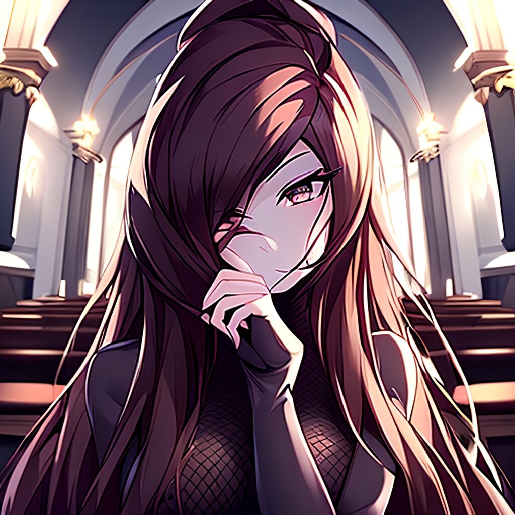 messy hair church fishnet brunette woman long hair 