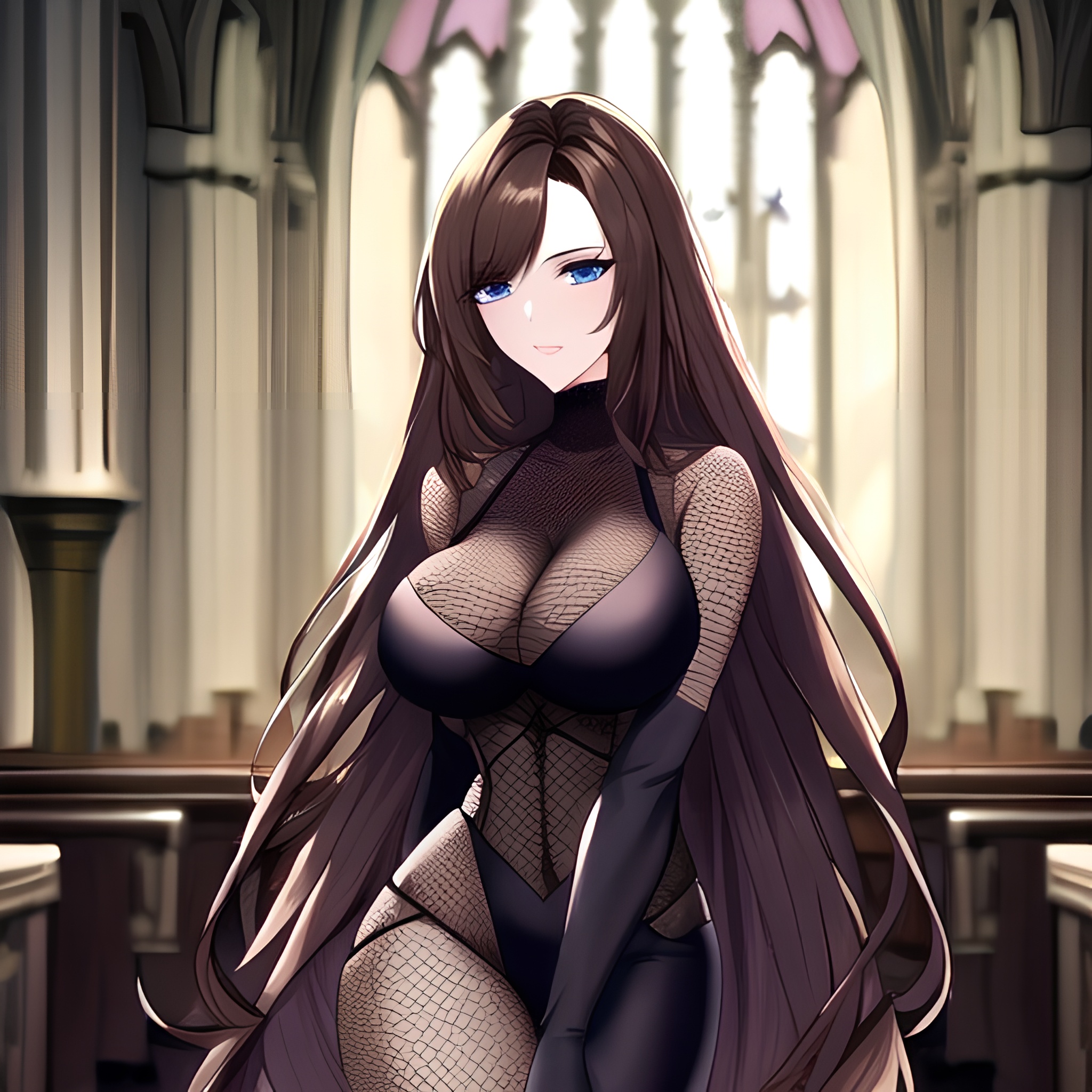 messy hair church fishnet brunette woman long hair