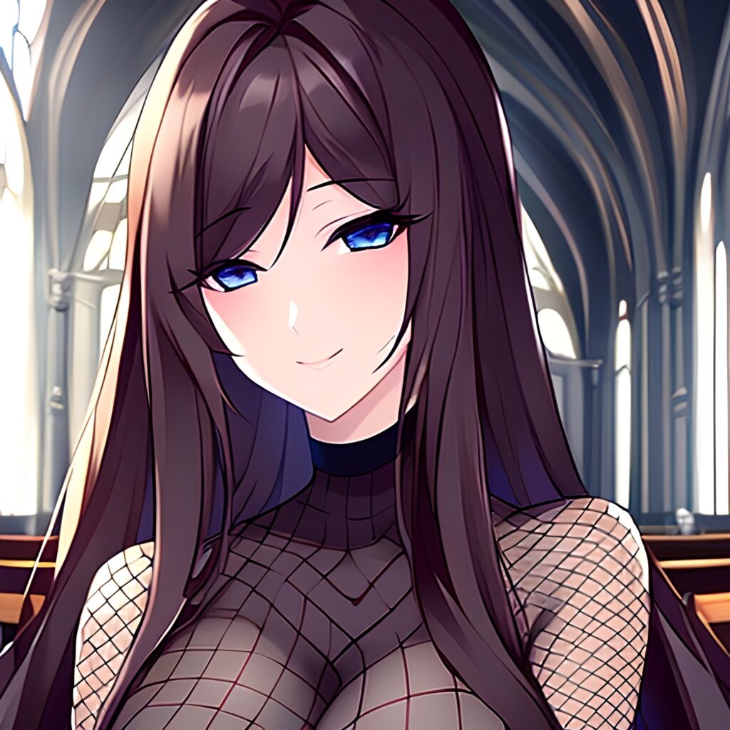 messy hair church fishnet long hair brunette woman