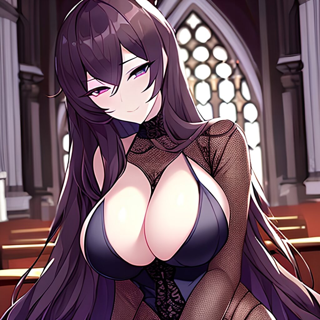 messy hair church fishnet long hair brunette woman