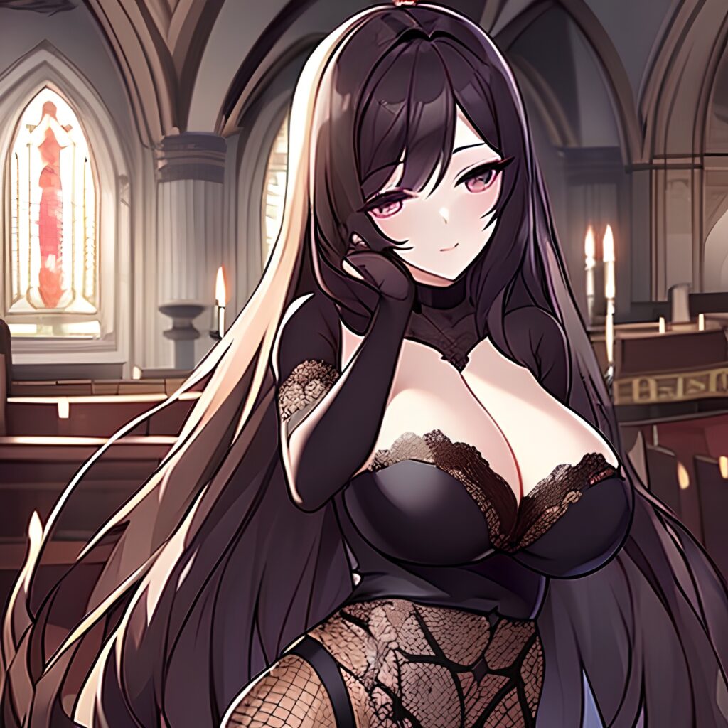 messy hair church fishnet long hair brunette woman