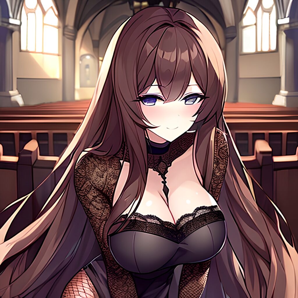 messy hair church fishnet long hair brunette woman