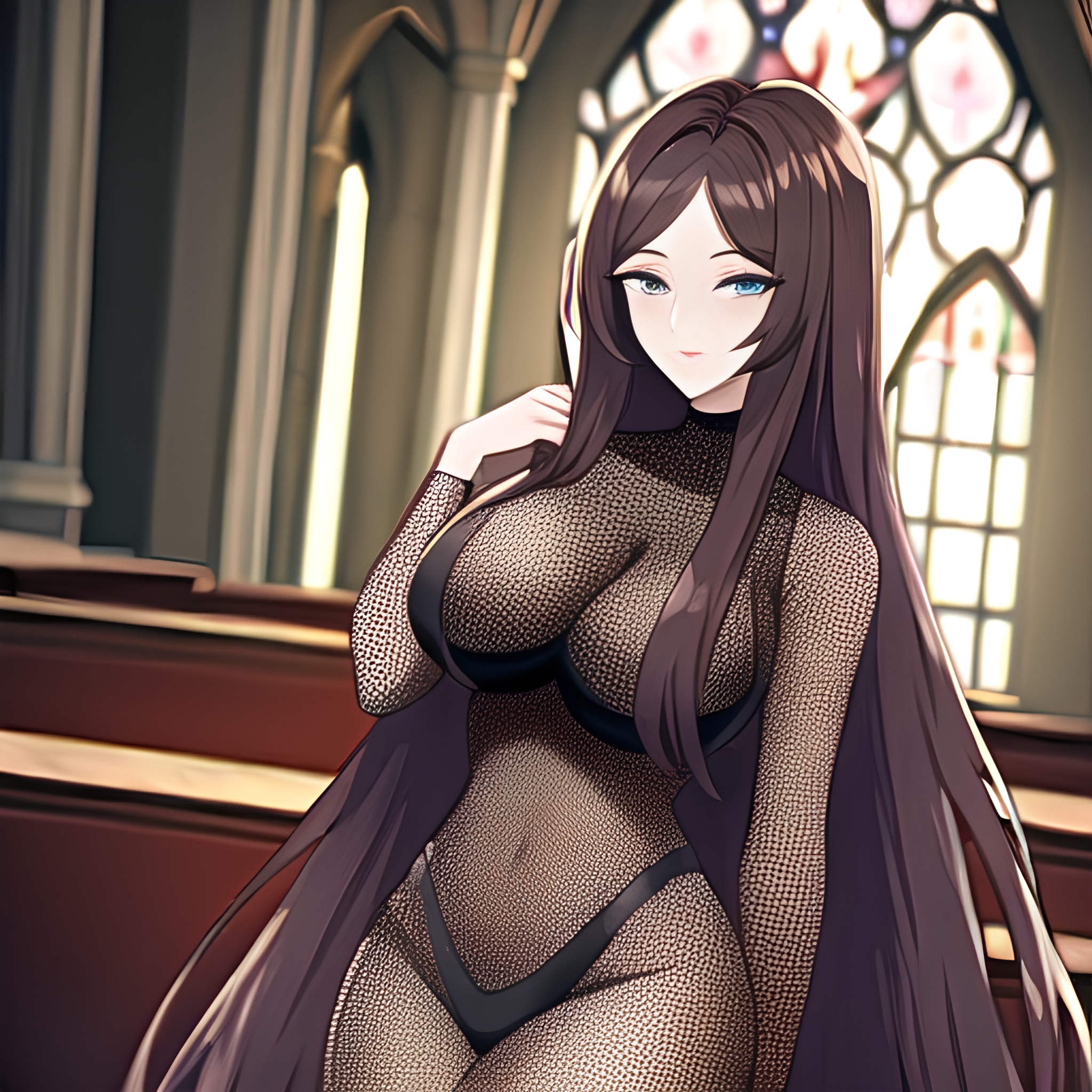 messy hair church fishnet woman brunette long hair 