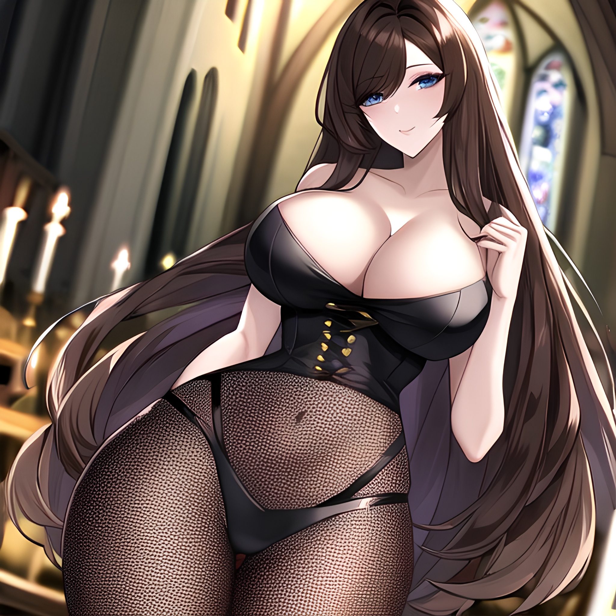 messy hair church fishnet woman brunette long hair 