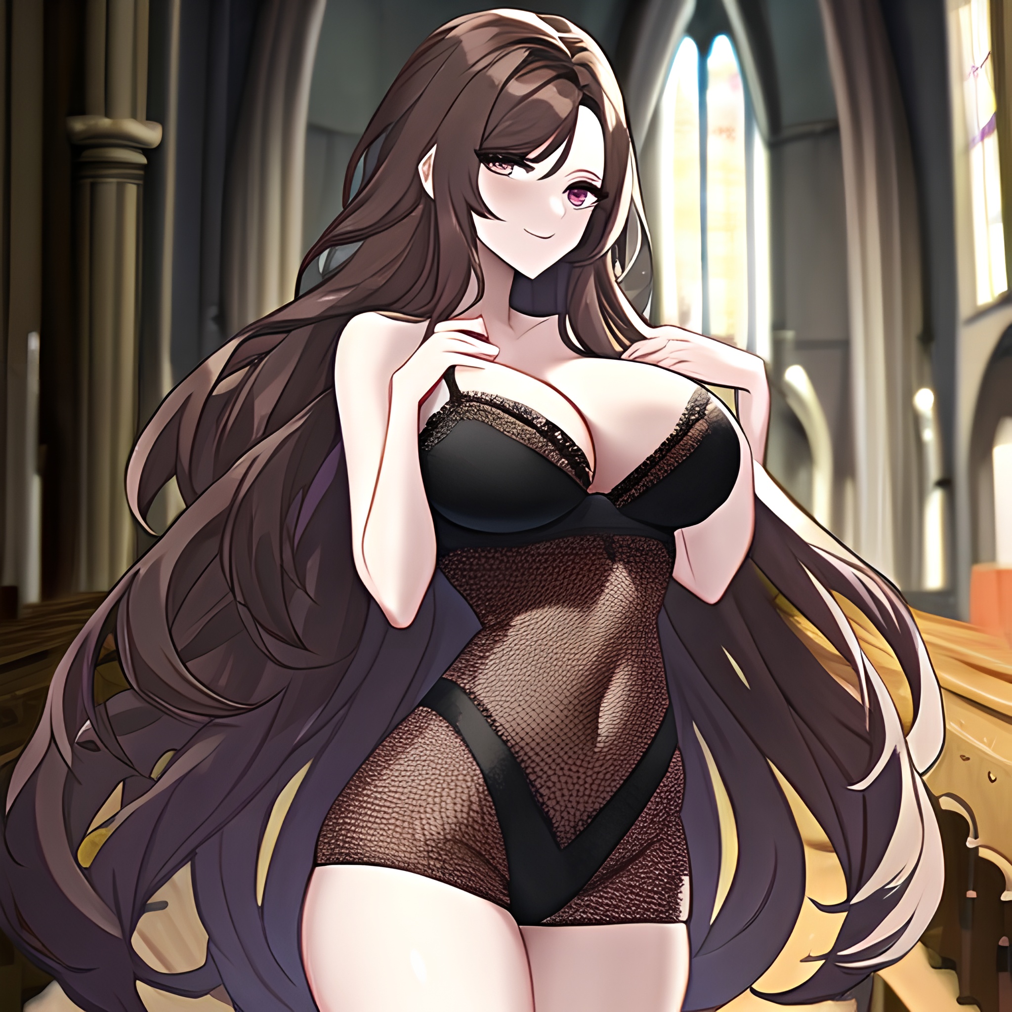 messy hair church fishnet woman long hair brunette 