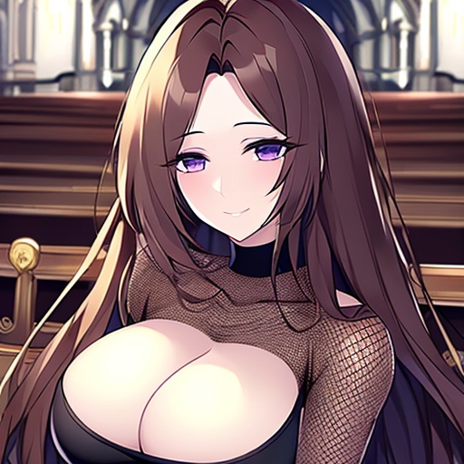 messy hair church long hair brunette fishnet woman 