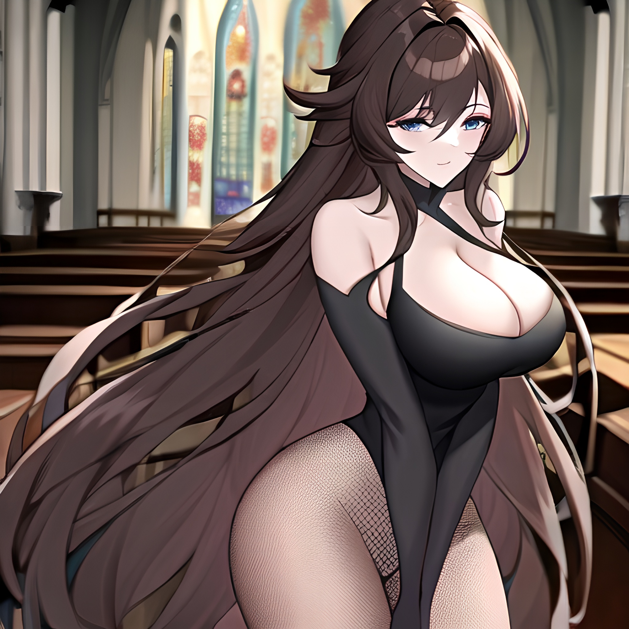 messy hair church long hair brunette fishnet woman 