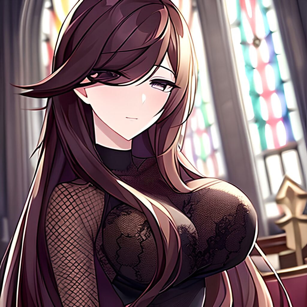 messy hair church long hair brunette fishnet woman