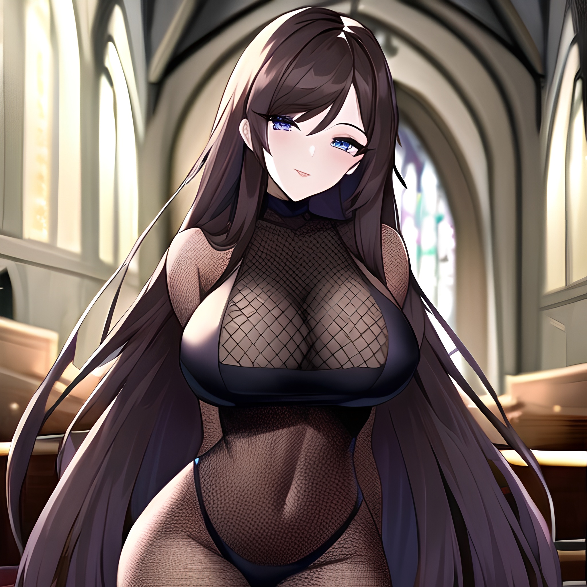 messy hair church long hair brunette woman fishnet 