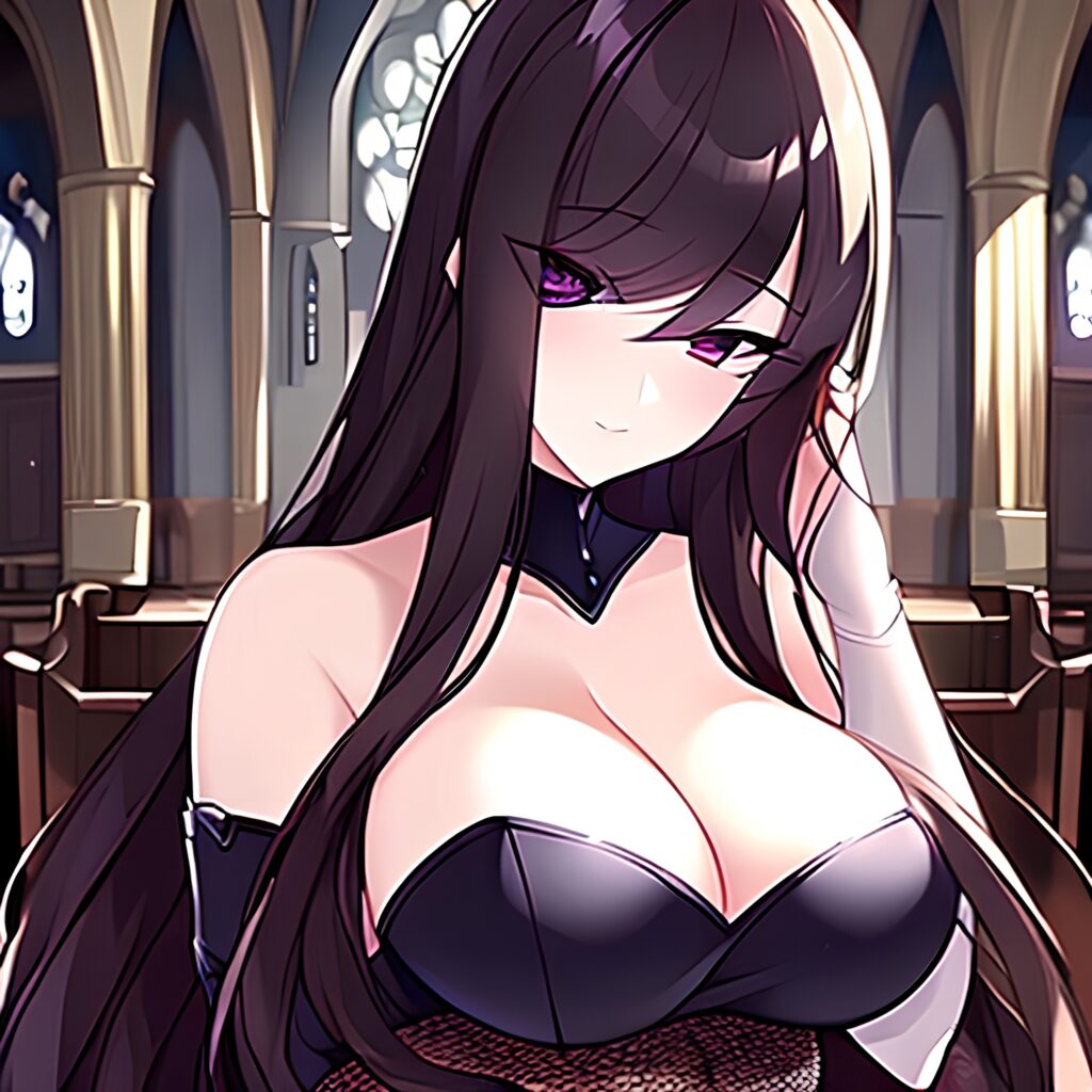 messy hair church long hair brunette woman fishnet 