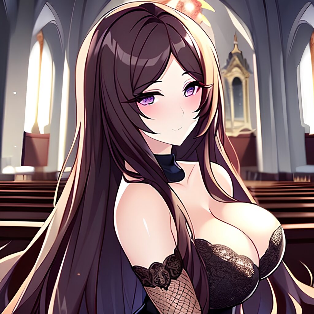 messy hair church long hair brunette woman fishnet