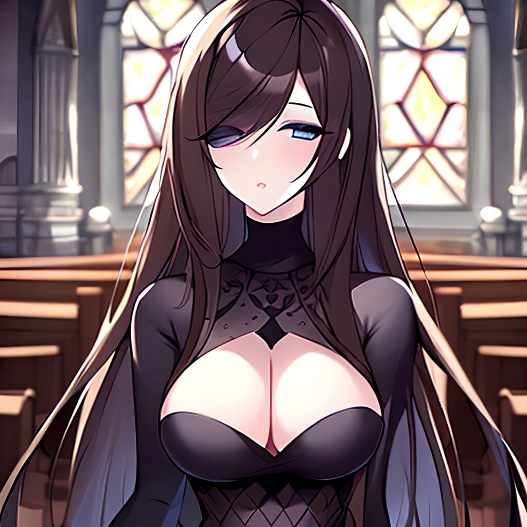 messy hair church long hair brunette woman fishnet 