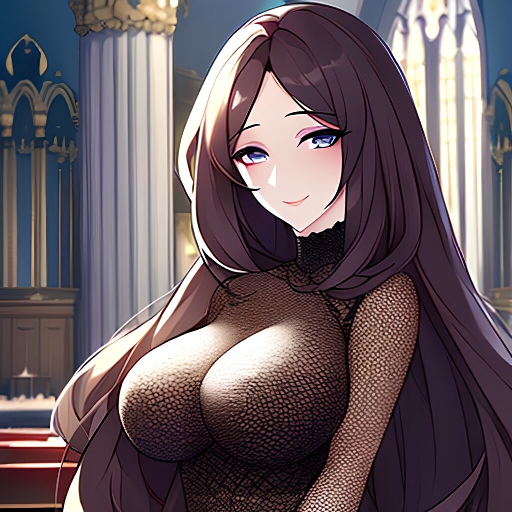messy hair church long hair fishnet brunette woman