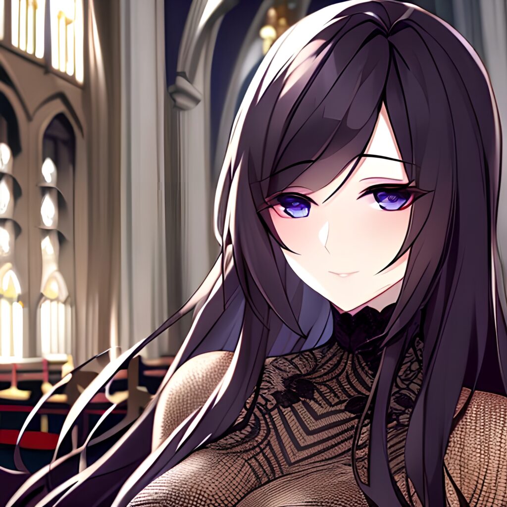 messy hair church long hair fishnet brunette woman