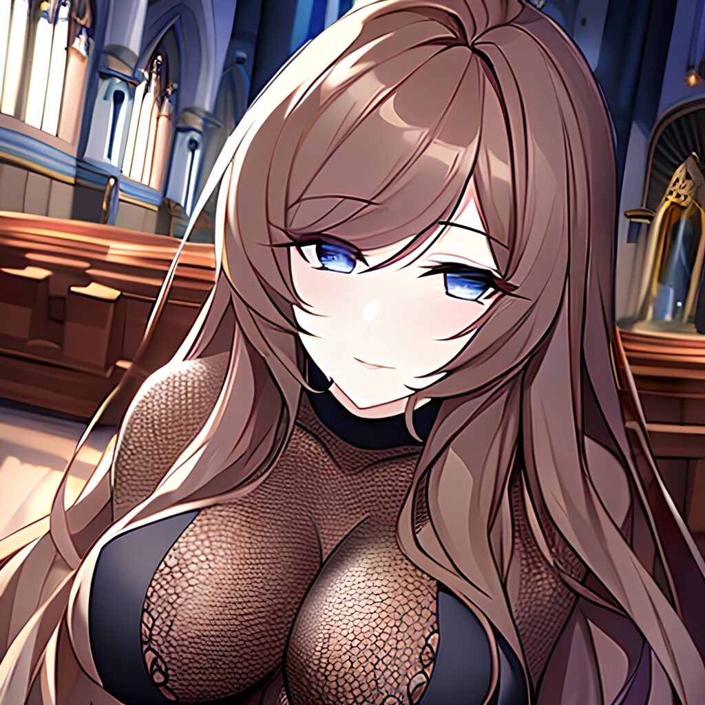 messy hair church long hair fishnet brunette woman