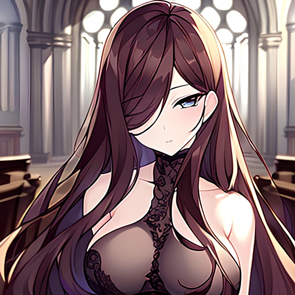 messy hair church long hair fishnet brunette woman