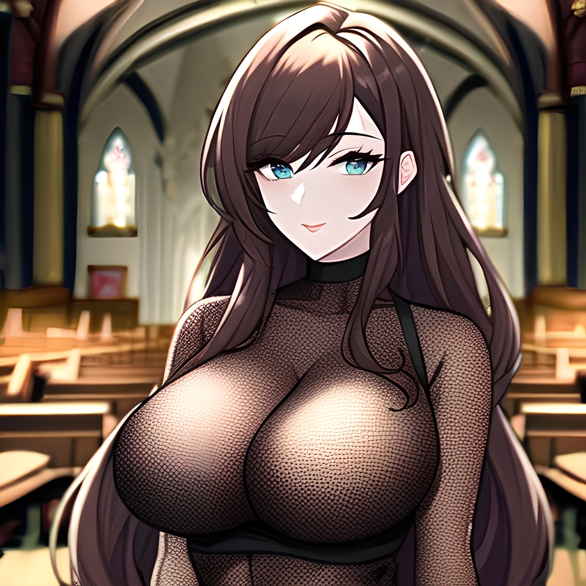 messy hair church long hair fishnet woman brunette 