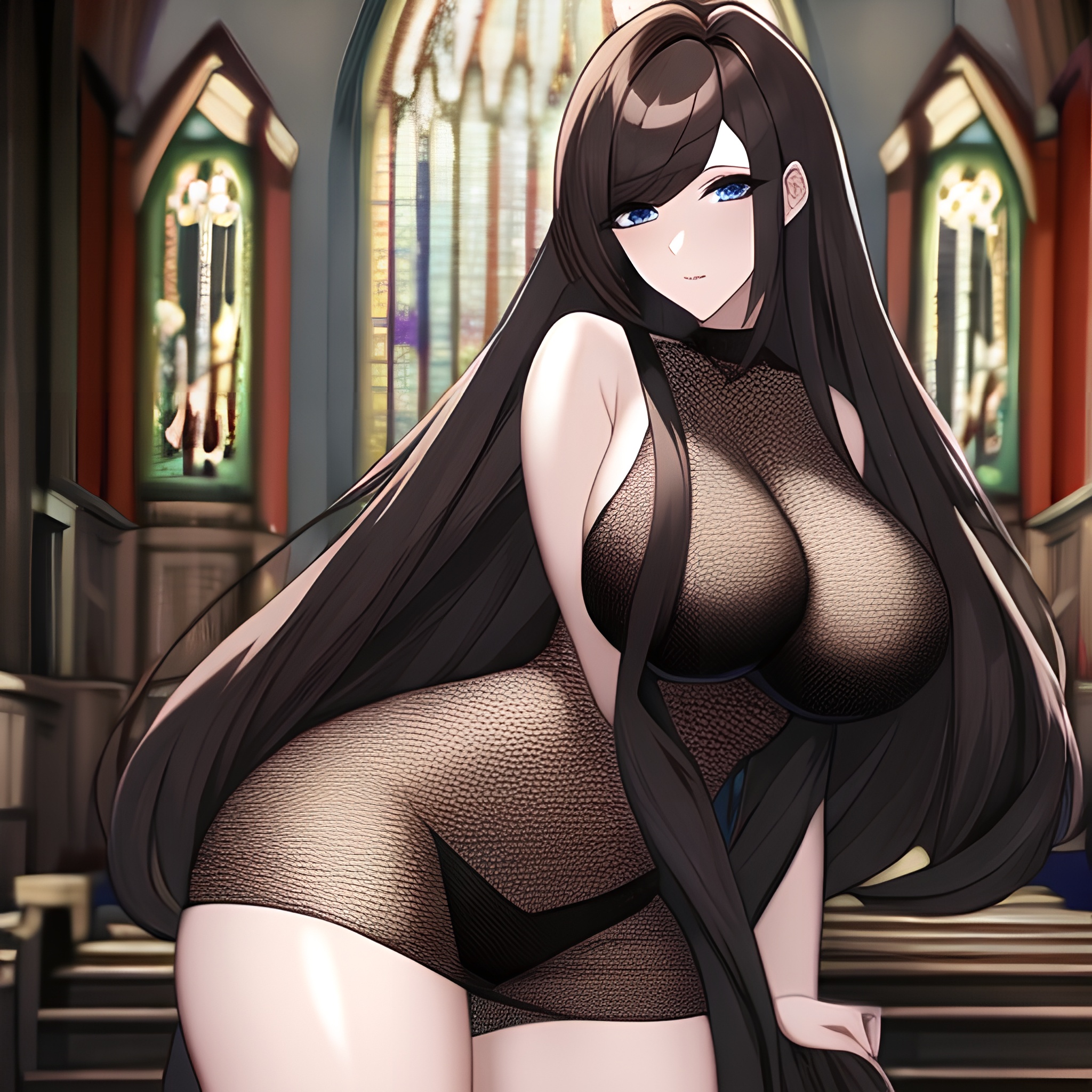 messy hair church long hair fishnet woman brunette 