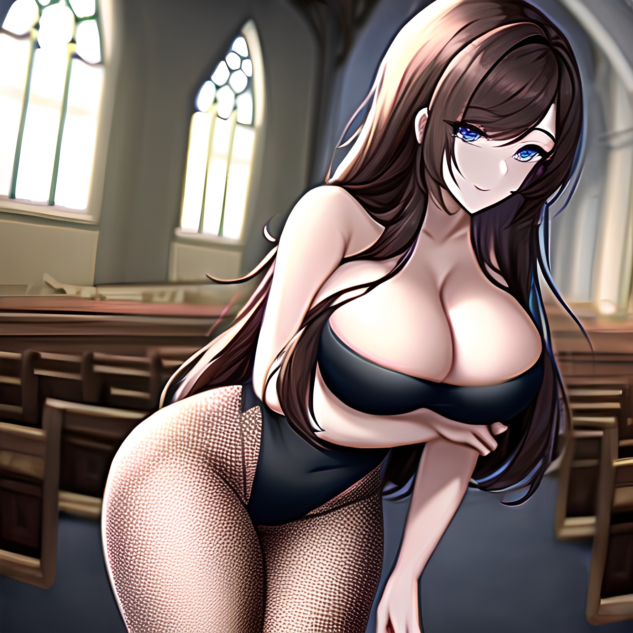 messy hair church long hair fishnet woman brunette 