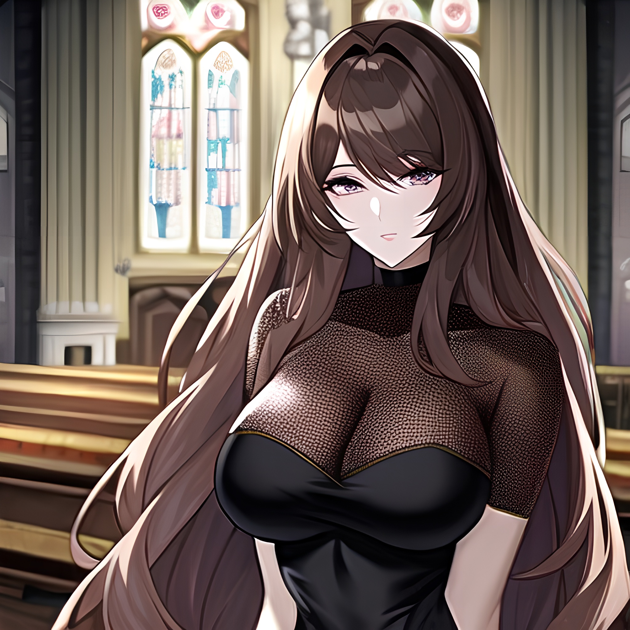 messy hair church long hair fishnet woman brunette