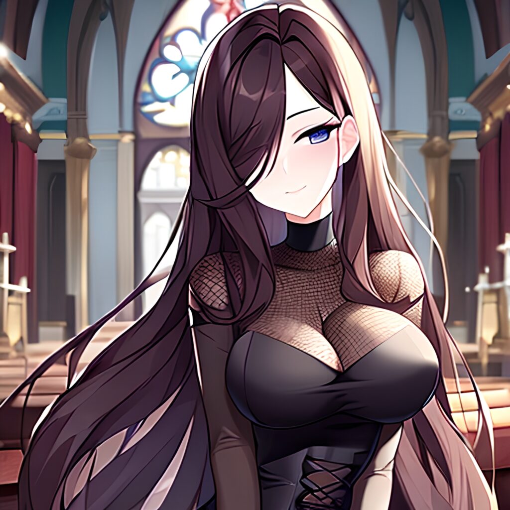 messy hair church long hair woman brunette fishnet