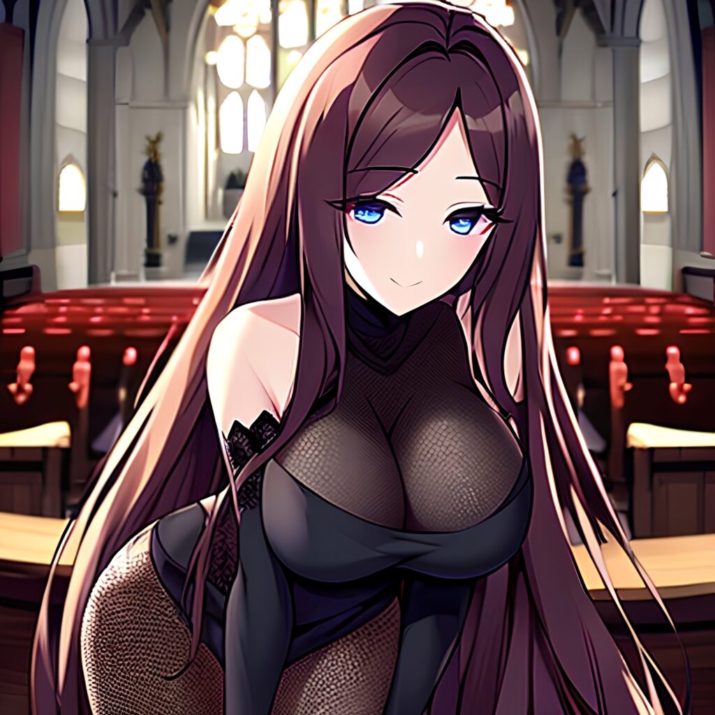 messy hair church long hair woman brunette fishnet