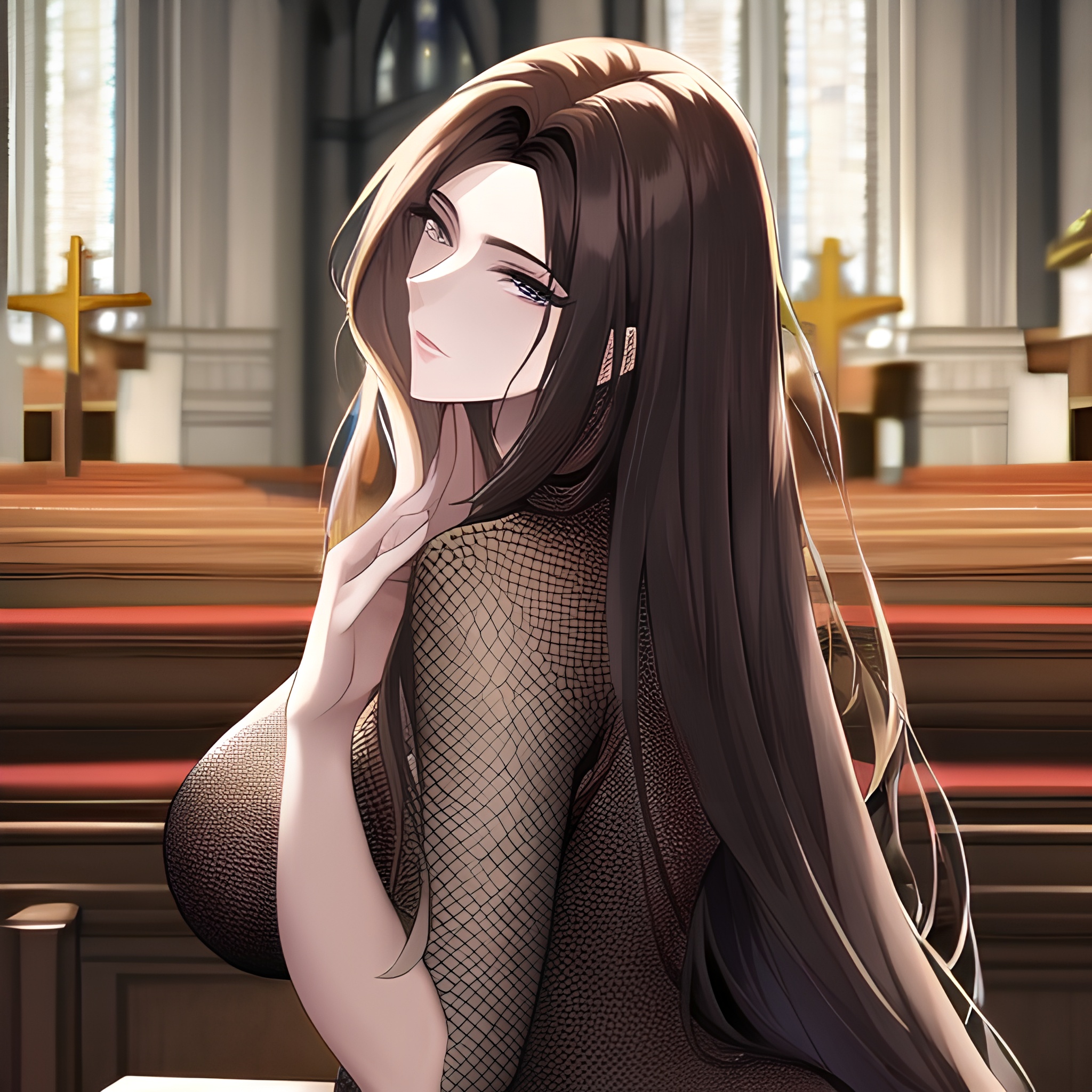 messy hair church long hair woman fishnet brunette 