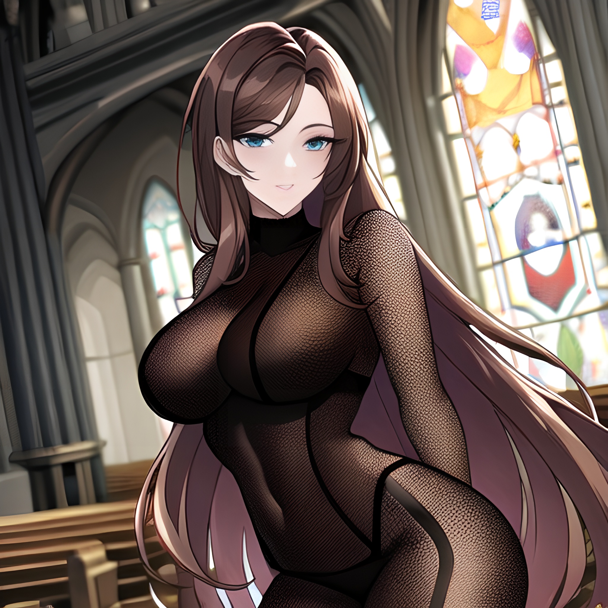 messy hair church woman brunette fishnet long hair 