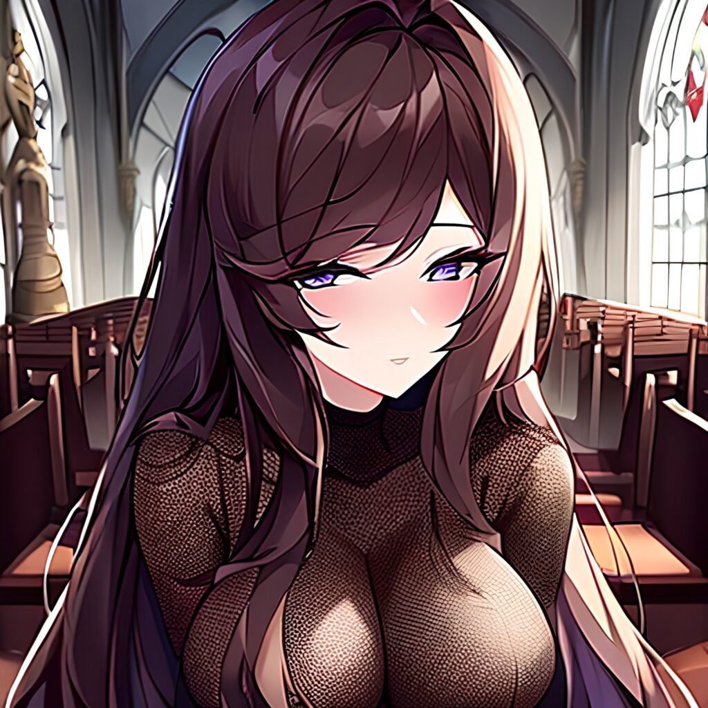 messy hair church woman brunette fishnet long hair 
