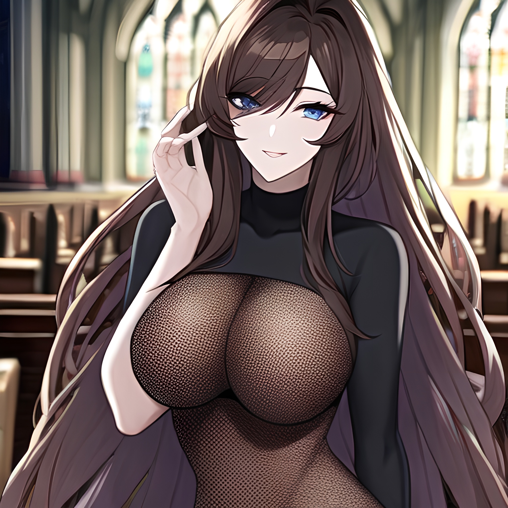 messy hair church woman brunette fishnet long hair 