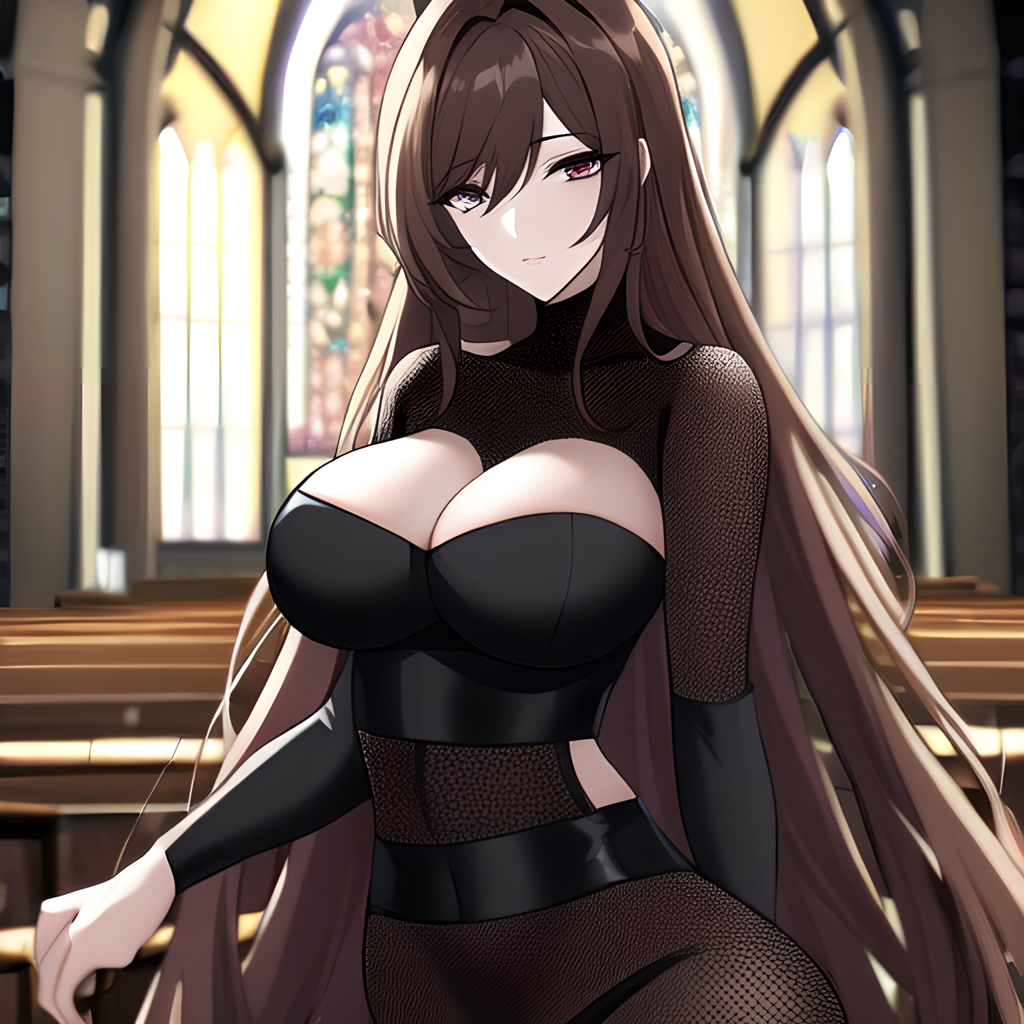 messy hair church woman brunette fishnet long hair