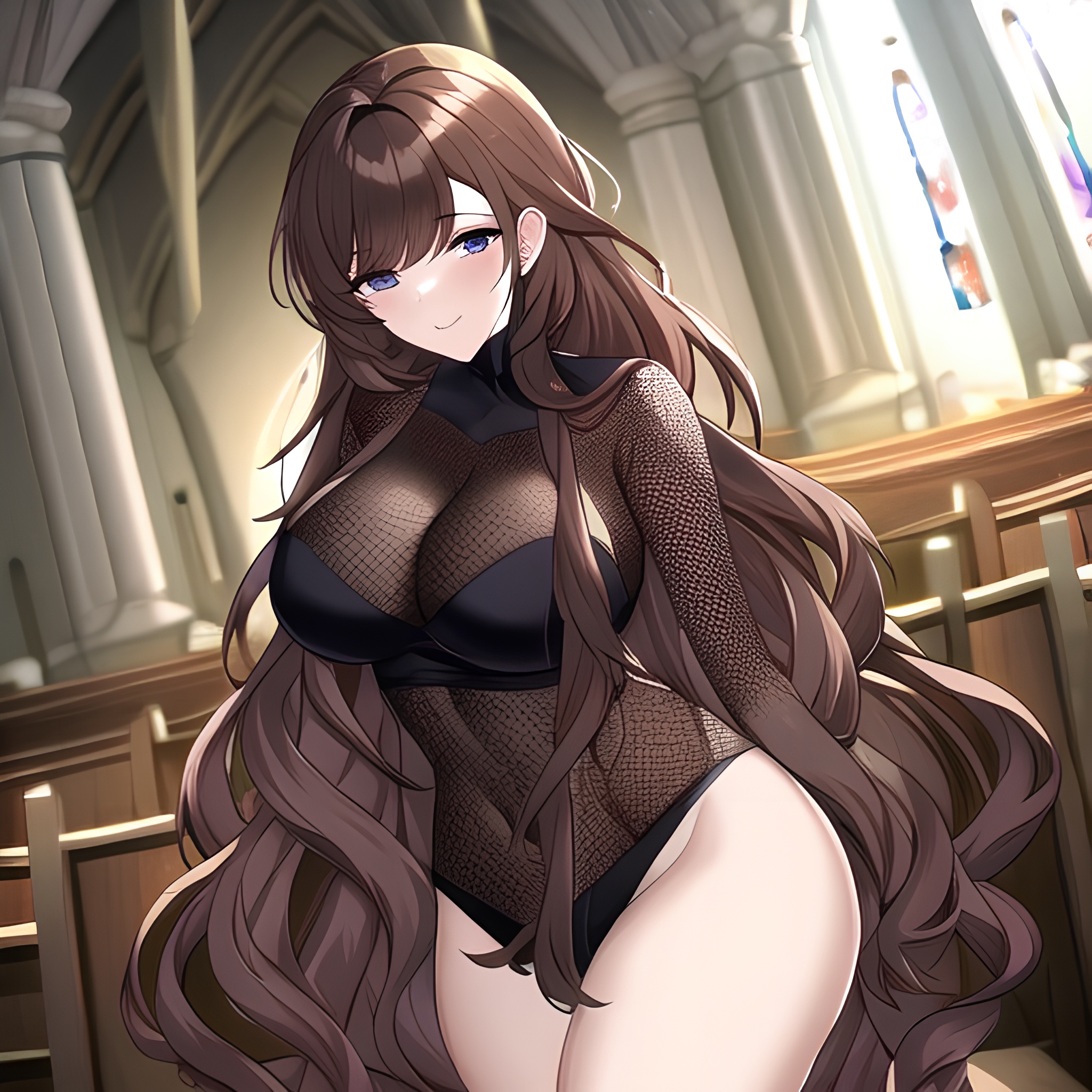 messy hair church woman brunette fishnet long hair