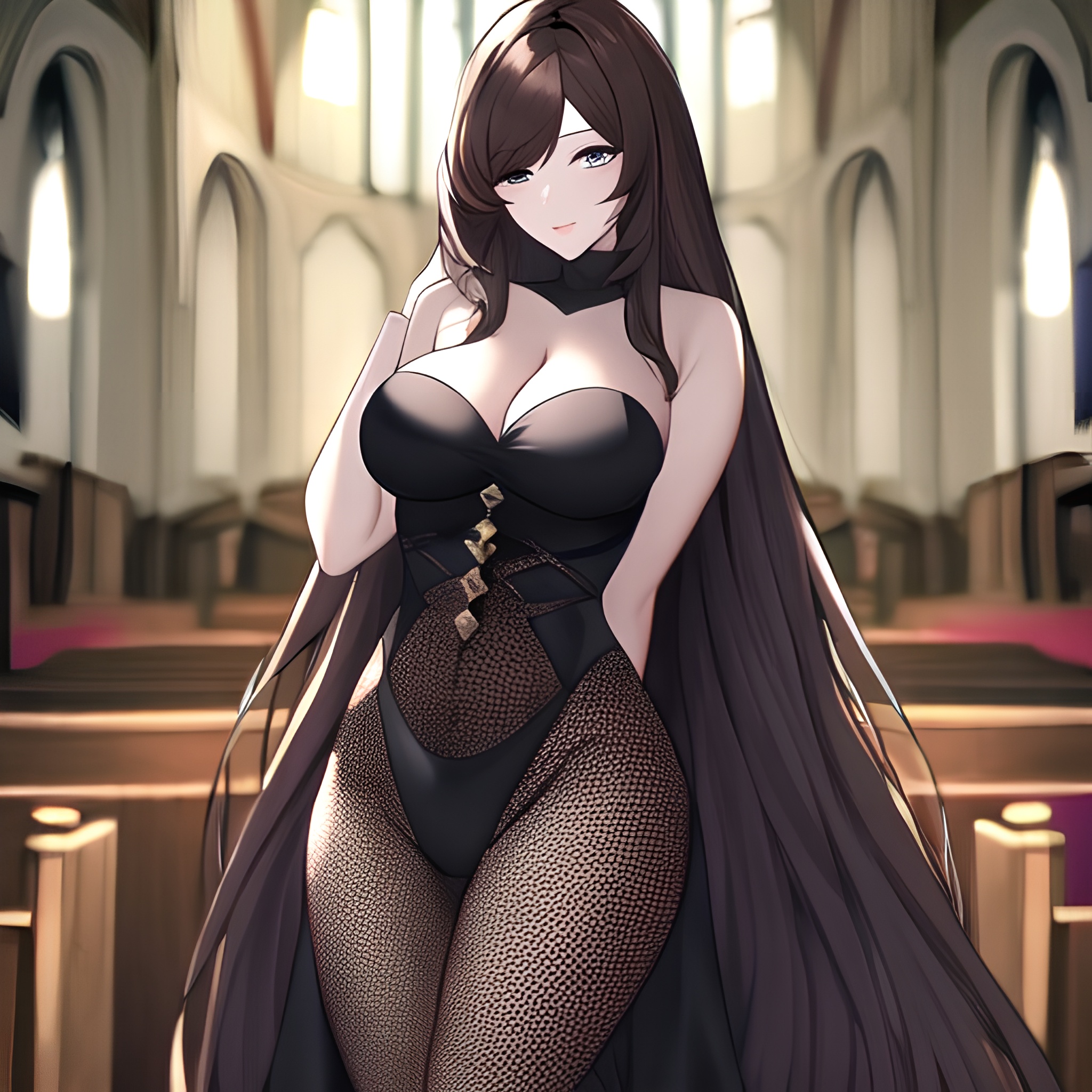 messy hair church woman brunette long hair fishnet 