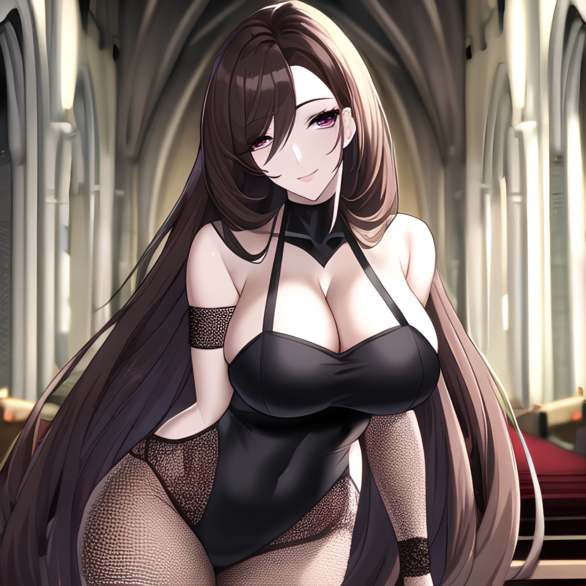 messy hair church woman brunette long hair fishnet 